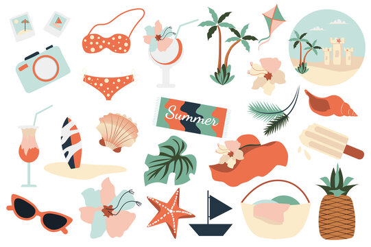 Summer time rest collection in flat design. Swimsuit, hat, cocktail, palm, sunglasses, pineapple, flowers, ice cream, surfboard and others isolated elements set. Vector illustration. Hand drawn style.