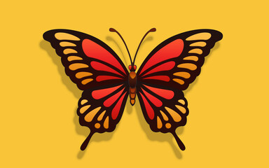 butterfly simple vector illustration red color shadow yellow background