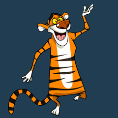 cartoon tiger happily waving its paw walking on its hind legs