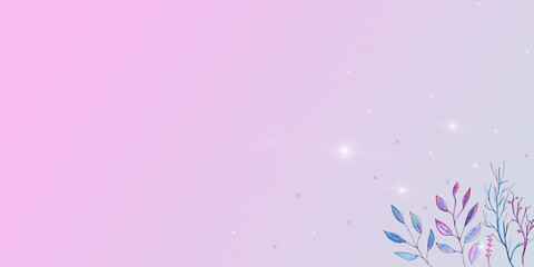 Blue branches and leaves on a pink background, covered with frost. Christmas background and place for the inscription. The background is congratulatory, romantic, gentle. Highlights and sequins.