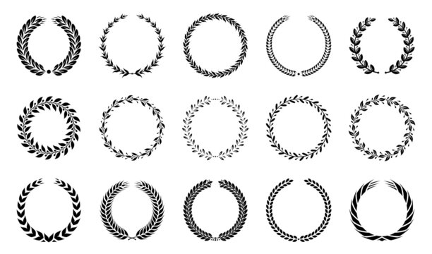 Laurel wreath collection. Heraldic round elements. Laurel foliate, wheat and olive wreaths