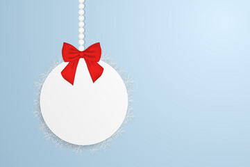 Christmas background with round tag, bow and snowflakes