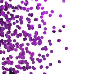 Purple round confetti on white background. Festive day backdrop. Flat lay style with minimalistic design. Template for banner or party invitation