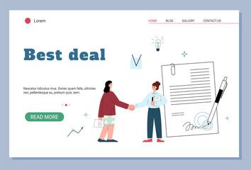 Best deal website with business people shaking hands, flat vector illustration.