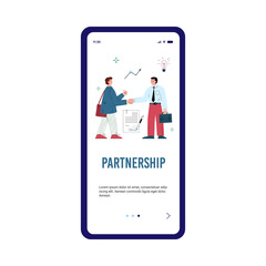 Partnership conclusion mobile onboarding screen, flat vector illustration.