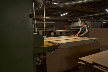 Busy male carpenter standing at woodworking machine