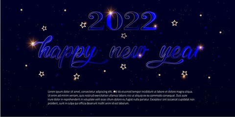 Fototapeta na wymiar happy new year card with blue and gold vector brush. Calligraphy banner with swashes and stars