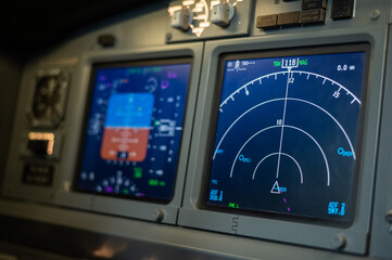 Navigation on board the aircraft. Close-up of an airplane dashboard. 