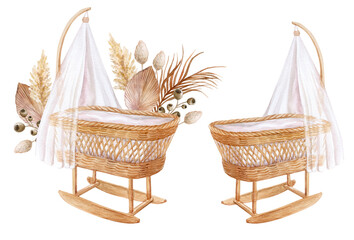 bassinet,crib for newborns, cradle. Boho. Watercolor illustration. Childhood. Motherhood. Baby shower. - obrazy, fototapety, plakaty