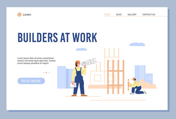Building works website banner with builder, flat cartoon vector illustration.