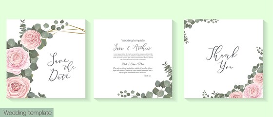 Vector floral template for wedding invitation. Pink roses, eucalyptus, green plants and leaves.