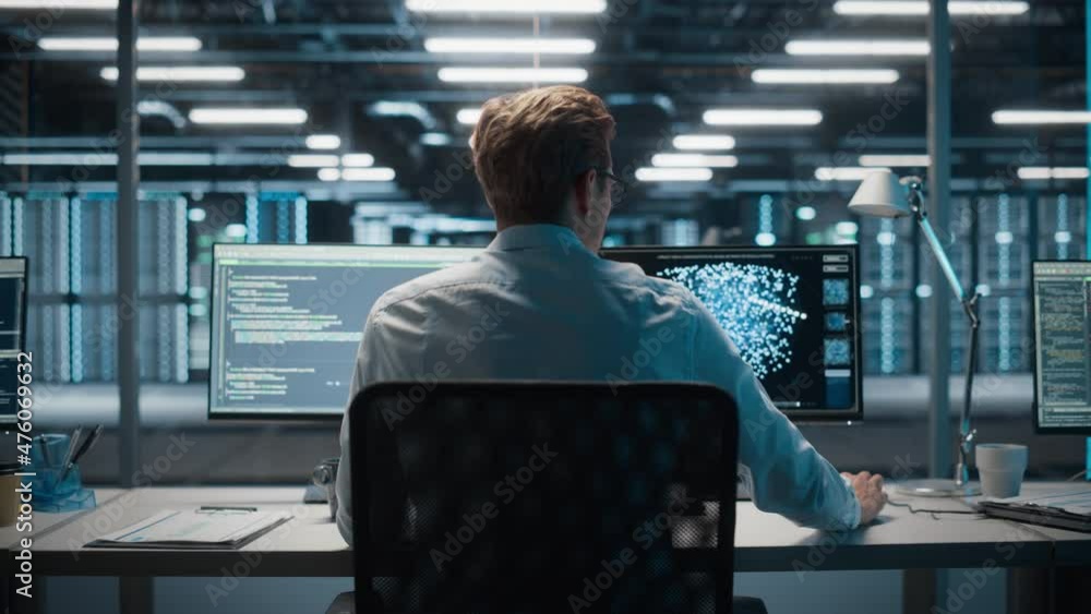 Poster Information Technology Specialist and Data Center Administrator Working on Personal Computer, Monitoring Web Services, Cloud Computing, Analytics Facility, Performing Maintenance and Cyber Security