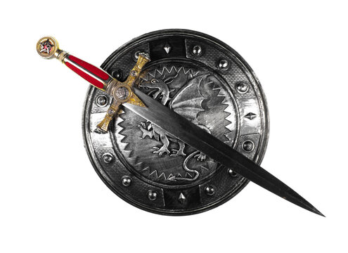 medieval fantasy sword and shield isolated on white background