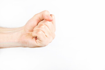 Hand gestures. Fist on a white background. Man hand shows a fist