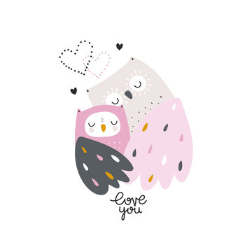 Cute mom and baby owl hugging. Creative cartoon owl birds isolated. Vector illustration.