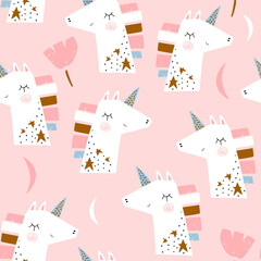 Seamless childish pattern with cute unicorns and moons . Creative pink kids texture for fabric, wrapping, textile, wallpaper, apparel. Vector illustration