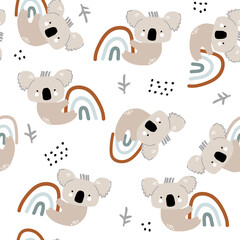 Naadloos kinderachtig patroon met schattige koala die aan de regenboog hangt. Creatieve Scandinavische kinderen textuur voor stof, verpakking, textiel, behang, kleding. vector illustratie