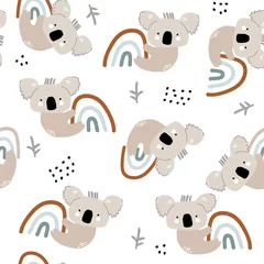 Foto op Plexiglas Naadloos kinderachtig patroon met schattige koala die aan de regenboog hangt. Creatieve Scandinavische kinderen textuur voor stof, verpakking, textiel, behang, kleding. vector illustratie © solodkayamari