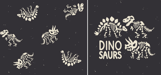 vector illustration of cute skeletons of dinosaurs. Can be used as a print for baby clothes, a poster, a sticker © NADIA
