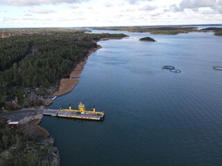 Aerial image of car ferry of Vartsala, Kustavi, Finland. Drone shot with natural colors.
