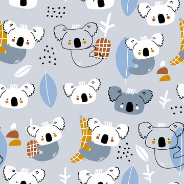 Seamless childish pattern with cute koala hanging on the fruits. Creative scandinavian kids texture for fabric, wrapping, textile, wallpaper, apparel. Vector illustration