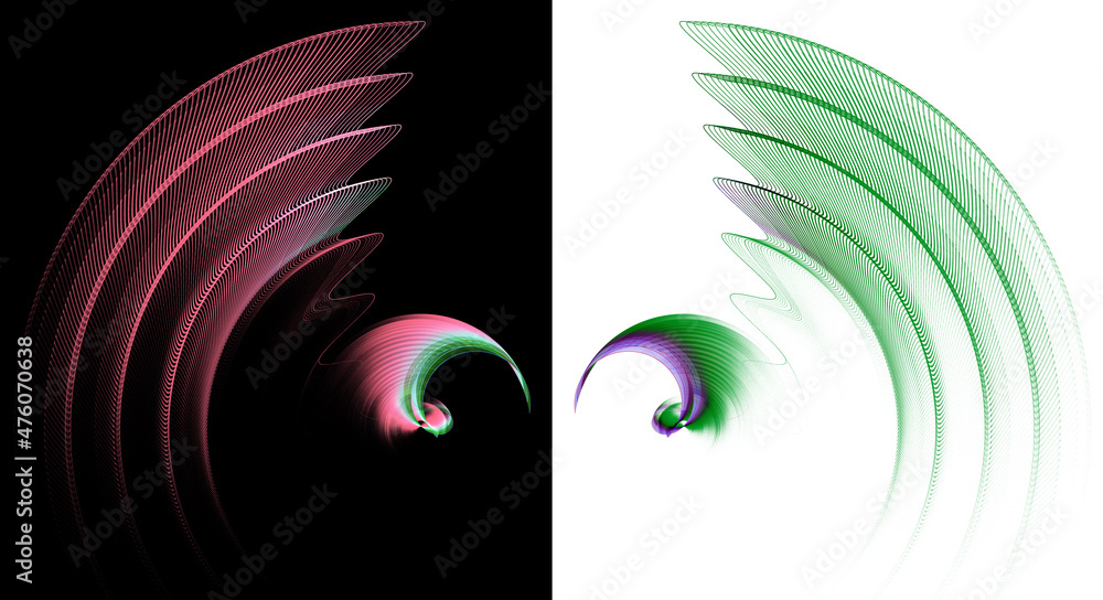 Aufkleber red and green abstract wavy wings are arranged around rotating arcuate elements on black and white b