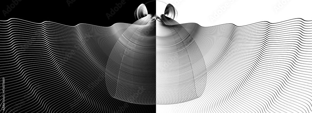 Aufkleber monochrome waves spread from an abstract bow on white and black backgrounds. two abstract fractal ba