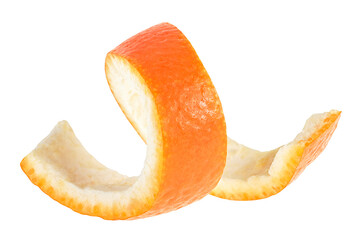 Peel of ripe orange fruit isolated on a white background. Orange zest in spiral form.