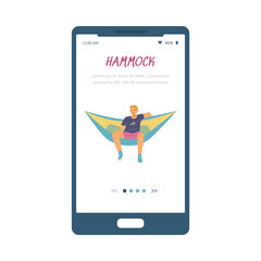 Man sits and rests in hammock, onboarding screen template, flat vector illustration.