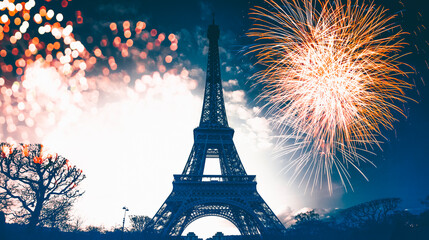 Colorful fireworks in Paris, Eiffel tower.