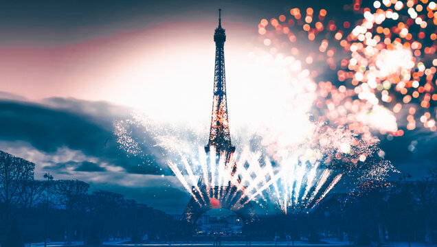 Colorful fireworks in Paris, Eiffel tower.