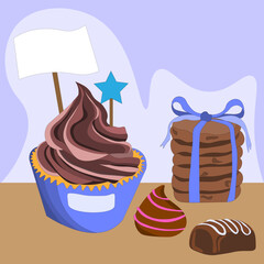 postcard - muffin with whipped cream with writing board on skewer, cookies with pieces of chocolate tied with blue ribbon, and chocolates candy.