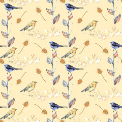  Branch wild grass with birds.  Autumn seamless pattern.