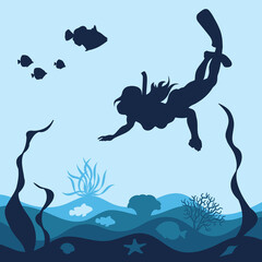 Marine background with a diving girl, corals and fish. Isolated vector objects.