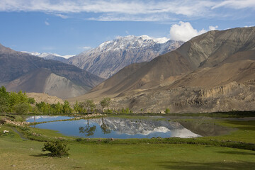 Small mountain lake with reflections of white peaks