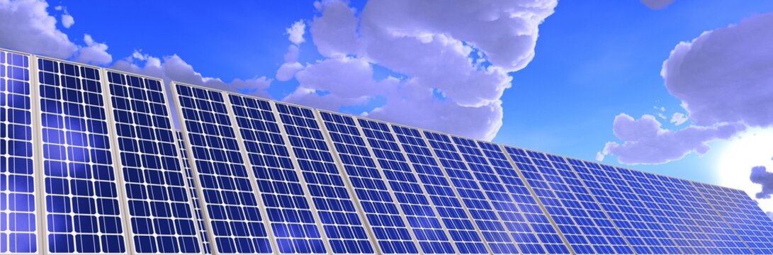 Beautiful sky with clouds and solar panels, eco-energy, 3d rendering