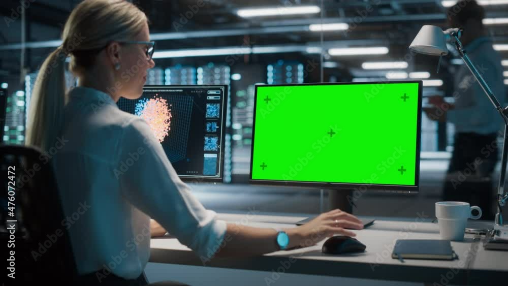 Poster High-Tech Data Center Server: Caucasian Female IT Specialist Working on Green Screen Chroma Key Computer. Monitoring Web Services, Cloud Computing, Analytics Facility, Maintenance of Cyber Security