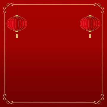 Happy Chinese new year concept.Lanterns with golden border on red gradient square background.Vector and illustration.