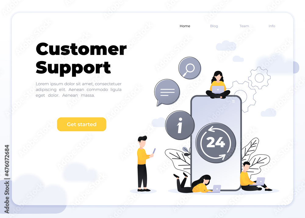 Poster 24 7 service concept or call center, big smartphone and small people with laptops in flat vector ill