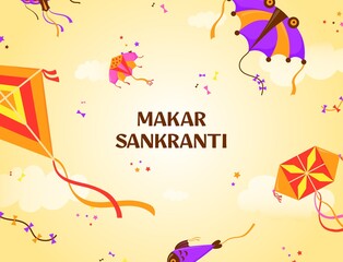 Makar sankranti banner. Pongal festival poster, flying kites background, indian harvest in january, holy holiday of india, neat vector illustration design