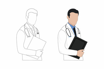 Male doctor line art illustration. Medical doctor coloring page vector. Male doctor flat design. Male nurse line art. Doctor coloring page line art. Stethoscope vector. Coloring page SVG cut file.