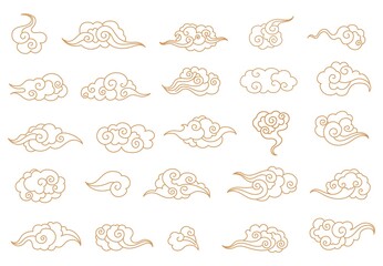 Cartoon chinese clouds. Asian style tattoo in shape cloud, oriental ornament elements korean japanese thai tibetan doodle cloudy sky traditional