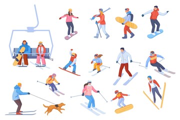 Fototapeta na wymiar People riding skis and snowboards. Cartoon skiers family snowboarders, winter sport mountain resort downhill freeride on chairlift snow slope, travel activity swanky vector