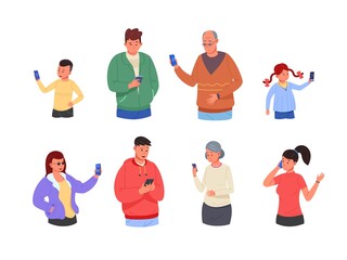 Humans looking smartphones. People using mobile phone, person social media communication, smart man talk cellphone woman internet chat message telephone garish vector illustration