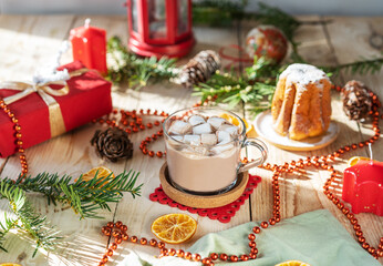 Christmas morning concept with cacao and holiday decoration