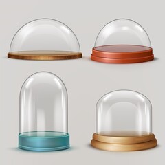 Realistic glass dome. 3d sphere hemisphere globe in wooden plastic tray, glossy ball bell jars, transparent protection cylinder window, exhibition display case tidy vector © ssstocker