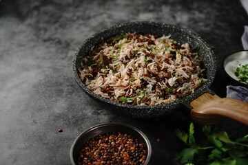 Ulavacharu Biryani / horse gram or muthira pulav - nutritious vegetarian dish from South Indian state Andra Pradesh, selective focus