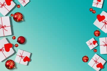 Merry Christmas and Happy Holidays greeting card, frame, banner. Christmas gifts red ribbons, ornaments on the desk.