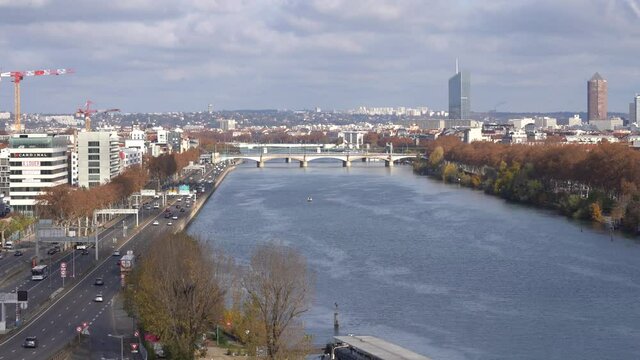 City, river Rhone from Musée des Confluences rooftop, Lyon, France