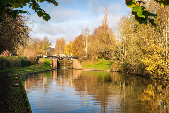 Canal River Day View In Stoke Bruerne England Uk